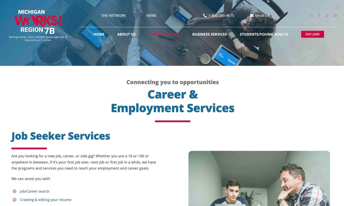 A page from the redesigned Michigan Works! Region 7B website, with clear navigation for job seekers and employers