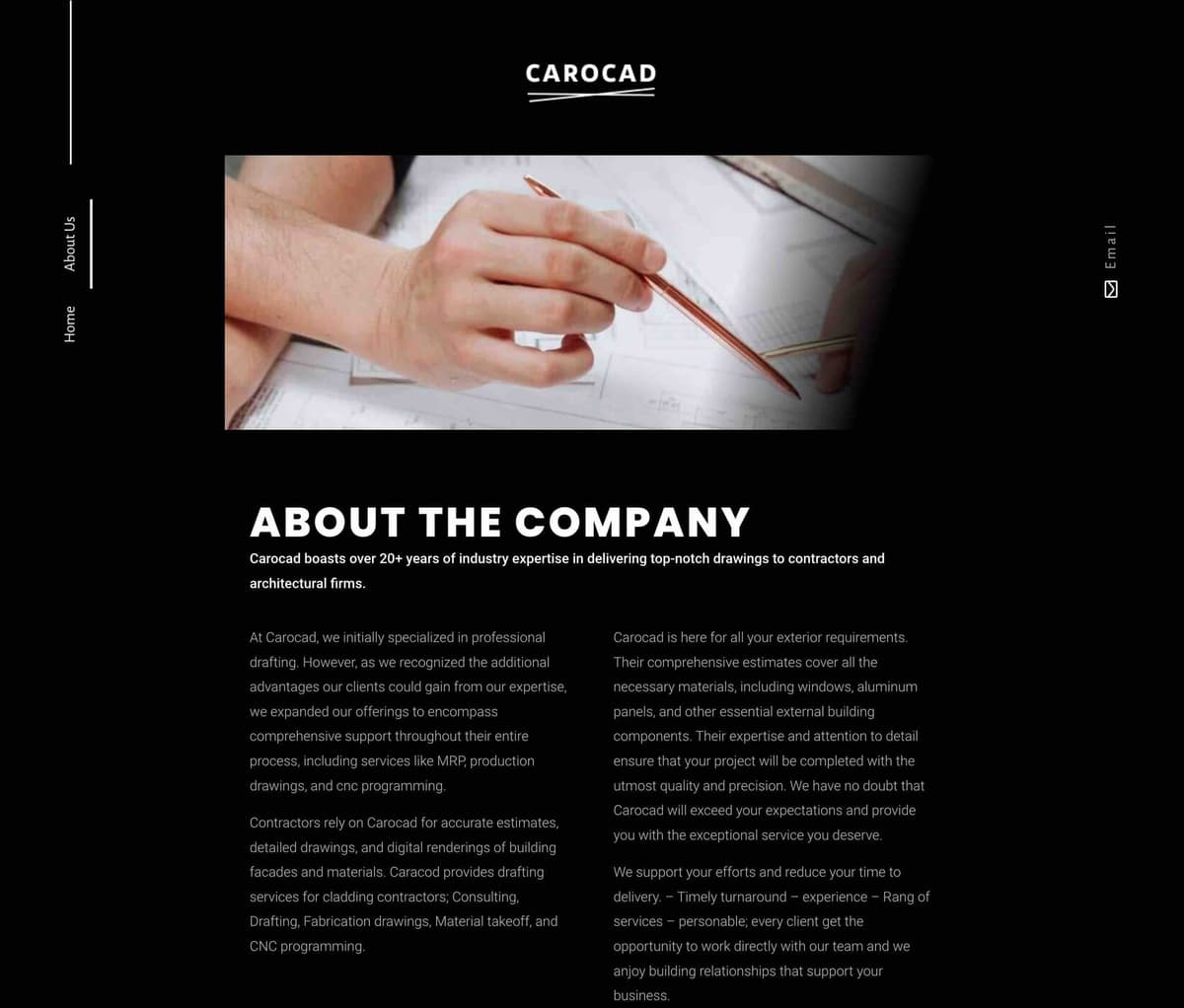 The Carocad About page: “About the Company” with a photo of a hand drafting with a pencil, above two columns about the company’s background